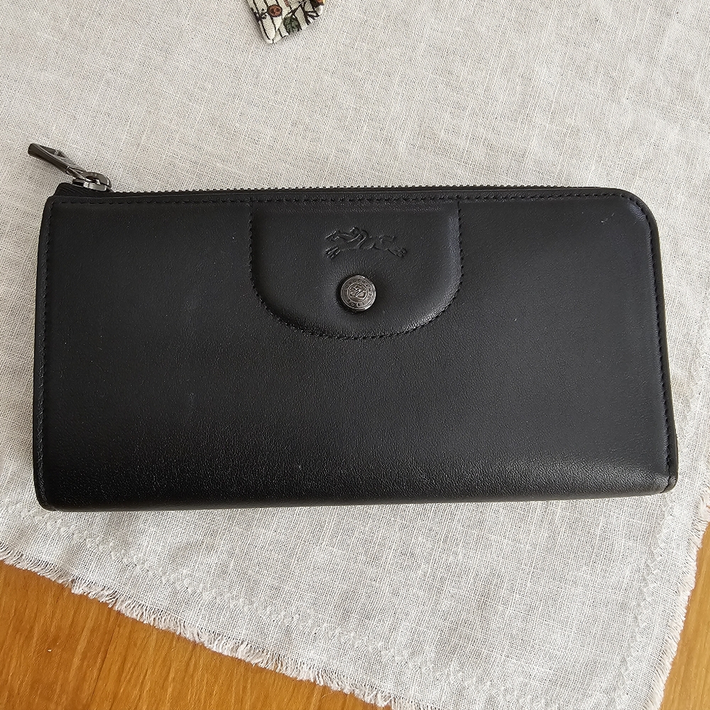 Longchamp Continental 3/4 Zip Le Pliage Cuir Xtra Leather Wallet Black Gunmetal